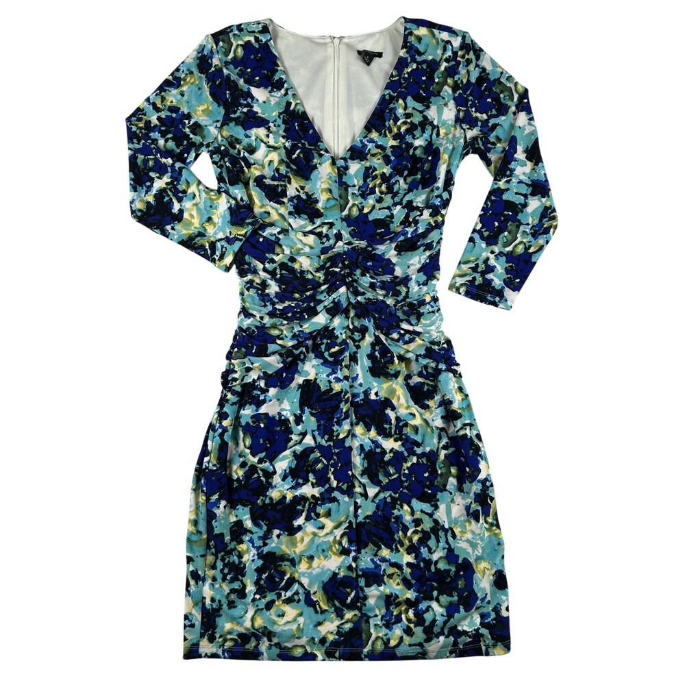 Ann Taylor Dress Womens 4 Multicolour Floral Ruched Sheath 3/4 Sleeve V-Neck